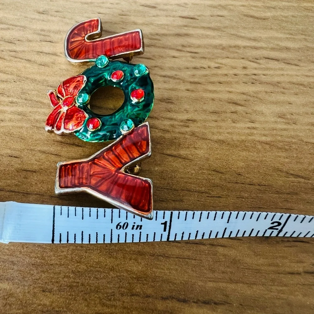 Vintage Festive JOY Brooch‎ with Wreath and Bow